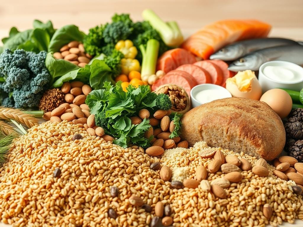 A bountiful still life showcasing an array of natural vitamin B sources. In the foreground, a mix of whole grains, including brown rice, quinoa, and whole wheat bread, arranged artfully. Midground features an assortment of leafy greens, such as spinach, kale, and broccoli, alongside a variety of nuts and seeds, including almonds, walnuts, and flax. In the background, a selection of fish, including salmon and tuna, as well as eggs and dairy products, such as yogurt and cheese, all bathed in warm, natural lighting that enhances the vibrant colors and textures. The composition conveys a sense of health, nourishment, and the abundance of B vitamin-rich foods.