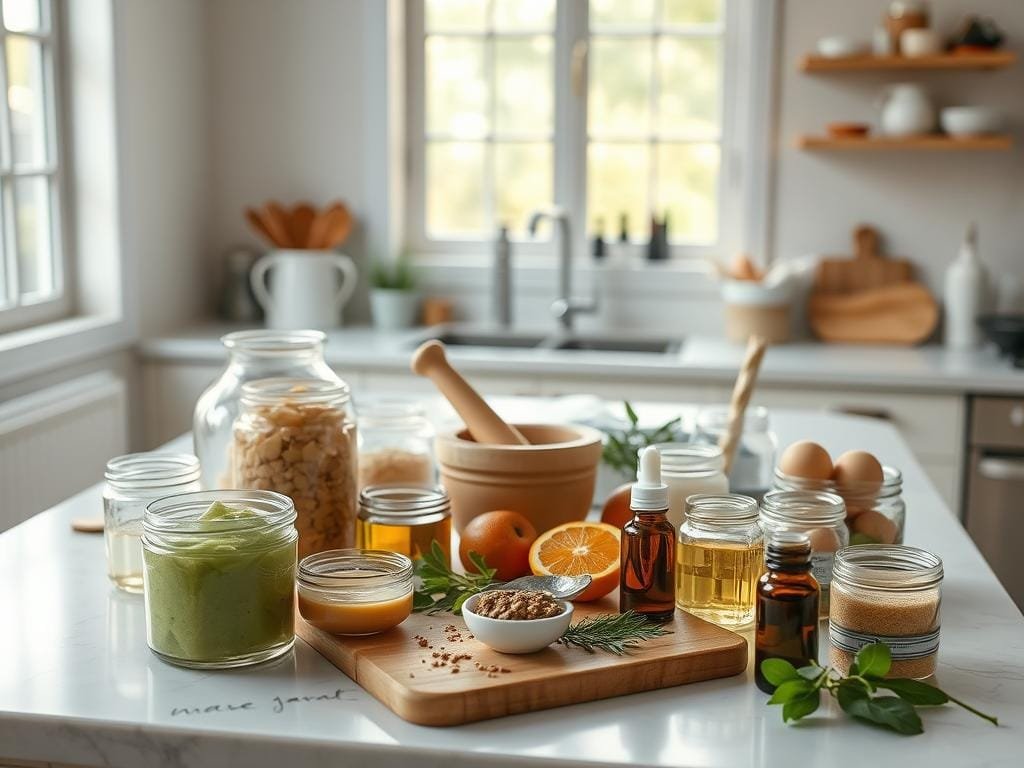 A bright, airy kitchen counter with an assortment of natural skincare ingredients arranged neatly. In the foreground, various glass jars and bowls filled with homemade face masks, body scrubs, and essential oils. In the middle ground, a mortar and pestle, a cutting board with sliced fruits and herbs, and a few handwritten recipes. The background features a large window letting in warm, diffused natural light, casting a soft, cozy glow over the scene. The overall mood is one of simplicity, tranquility, and a sense of DIY empowerment in creating personalized, eco-friendly beauty treatments.