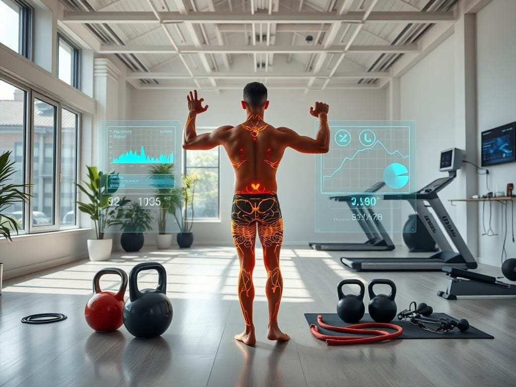 A bright, airy studio with large windows and natural lighting. In the foreground, a person is performing a series of biohacking exercises, their body glowing with energy. Kettlebells, resistance bands, and other fitness equipment are neatly arranged nearby. In the middle ground, a holographic display shows real-time biometric data, including heart rate, oxygen levels, and muscle activation. The background features sleek, minimalist decor, with subtle hints of technology, such as a futuristic treadmill and a wall-mounted biohacking console. The overall mood is one of efficiency, optimization, and the seamless integration of technology and the human body.
