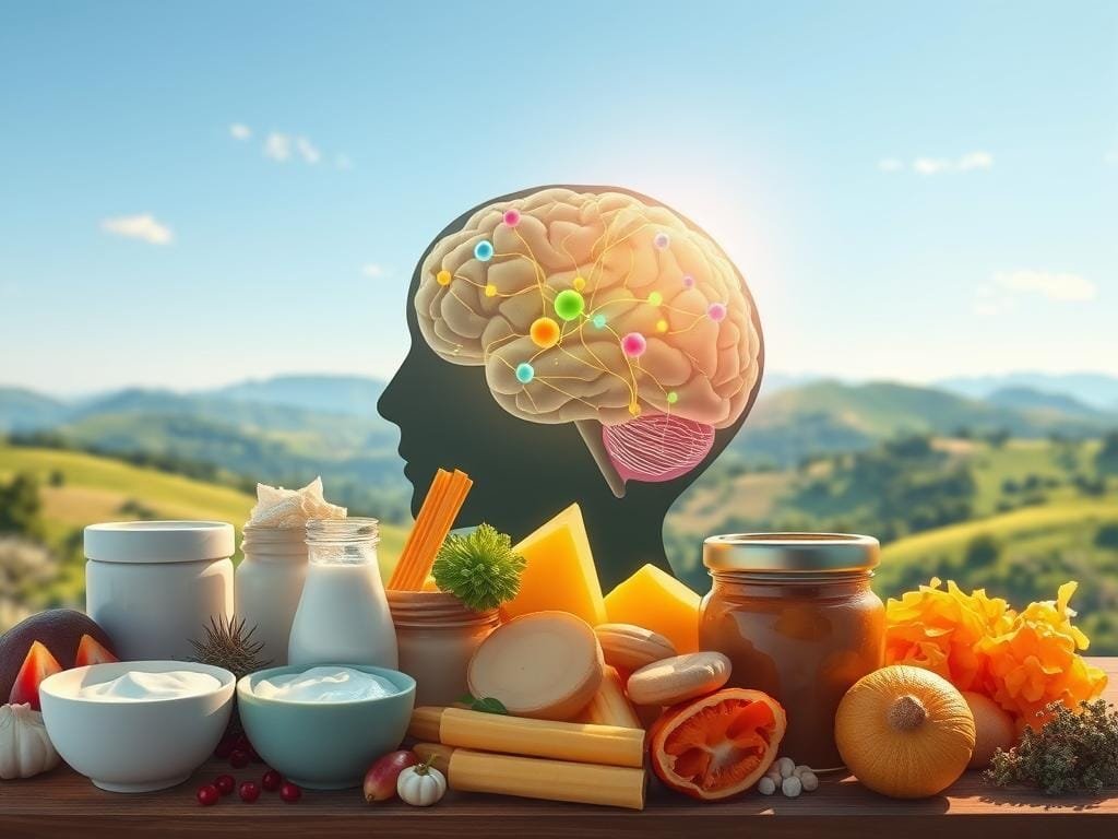 A bright, vibrant illustration showcasing the connection between probiotics and mental health. In the foreground, a collection of diverse probiotic-rich foods - yogurt, kefir, kimchi, and sauerkraut - arranged artfully. In the middle ground, a translucent brain silhouette, with colorful, energetic neural connections pulsing throughout. The background depicts a calming, natural landscape - rolling hills, lush greenery, and a clear blue sky, conveying a sense of balance and well-being. The scene is illuminated by warm, soft lighting, creating a soothing, inviting atmosphere. Captured with a wide-angle lens to emphasize the harmonious relationship between gut and brain.