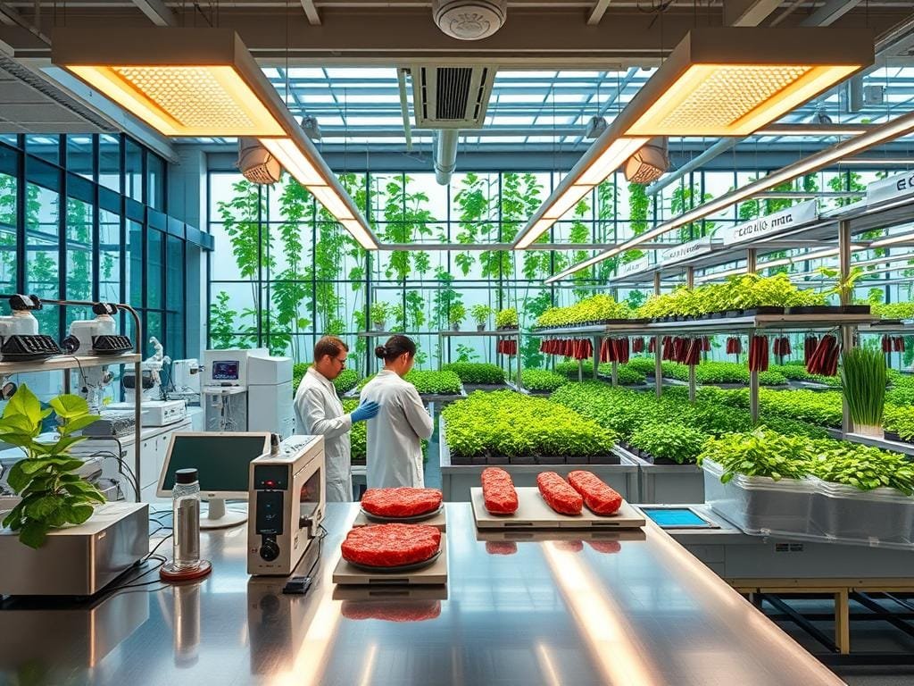 A bustling laboratory interior, brightly lit with warm overhead lighting. In the foreground, a sleek metal counter tops a series of bioreactors, test tubes, and other cutting-edge food production equipment. In the middle ground, lab-coated scientists carefully monitor digital displays, examining the growth of lush, protein-rich cultured meat samples. In the background, a towering glass wall reveals a verdant, futuristic greenhouse, filled with neatly organized hydroponic gardens cultivating a diverse array of innovative plant-based ingredients. The overall atmosphere conveys a sense of technological innovation, scientific progress, and the promise of a sustainable, ethical future for food production.