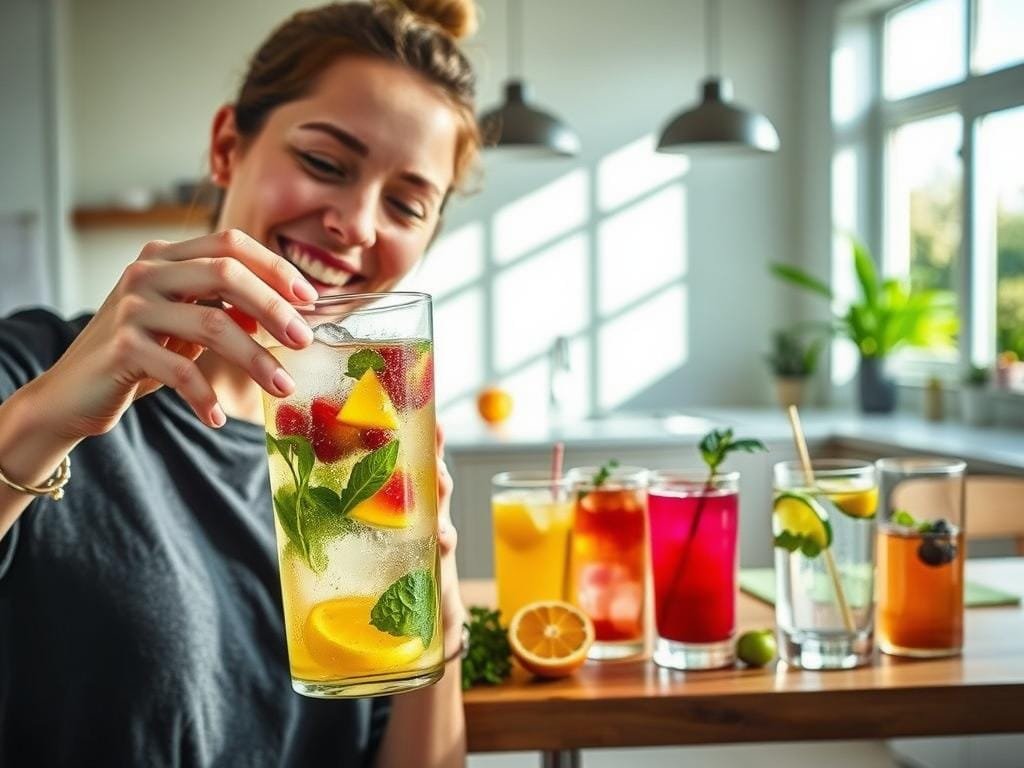 A cheerful, well-lit scene showcasing creative hydration tips for a daily routine. In the foreground, a person enjoying a refreshing glass of infused water, with colorful fruits and herbs floating inside. In the middle ground, a variety of alternative hydration options are displayed, such as herbal teas, smoothies, and electrolyte-rich drinks. The background features a minimalist, modern kitchen setting with natural light streaming in through large windows. The overall mood is vibrant, healthy, and inspiring, encouraging the viewer to explore new ways to stay hydrated throughout their day.