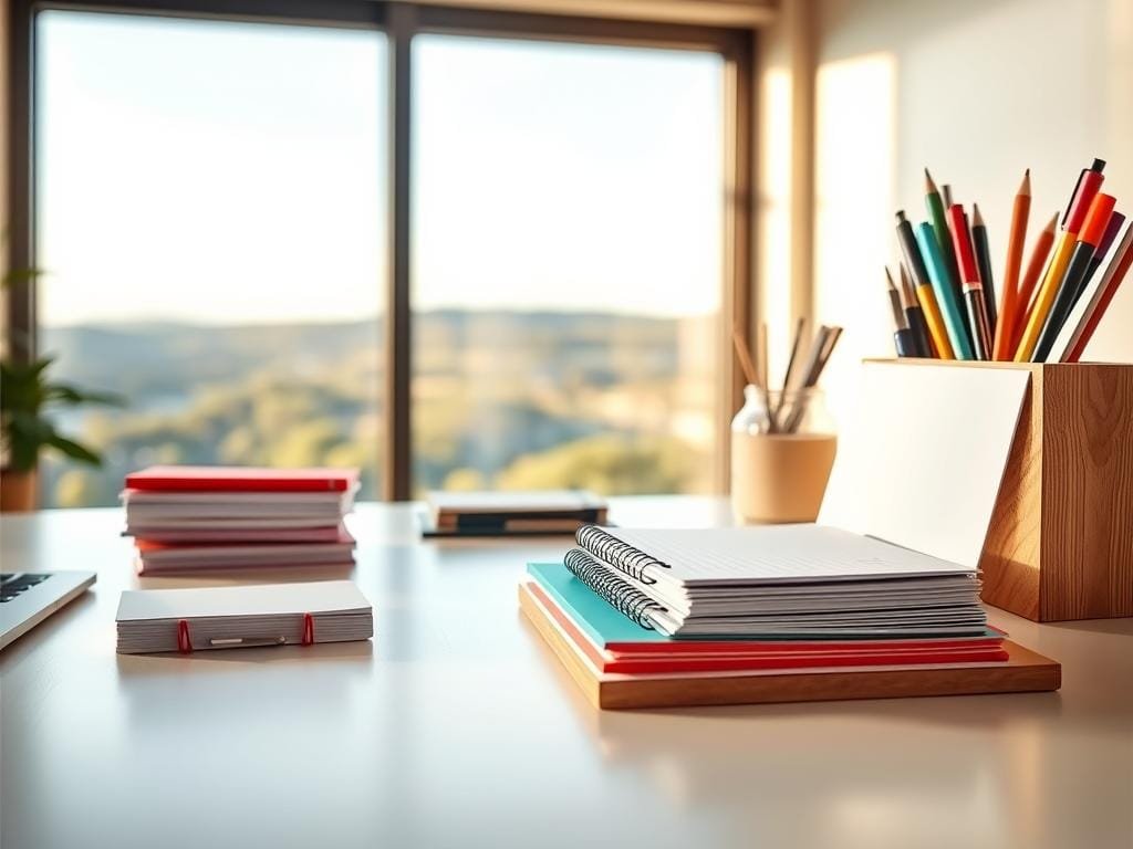A clean, minimalist desk with a neatly organized array of habit tracking tools - a stack of colorful notepads, a set of fine-tip pens, and a wooden desk organizer holding various stationery items. The scene is bathed in warm, natural lighting, with a large window in the background providing a view of a serene outdoor landscape. The overall atmosphere is one of calm productivity, inviting the viewer to envision their own habit-building journey.