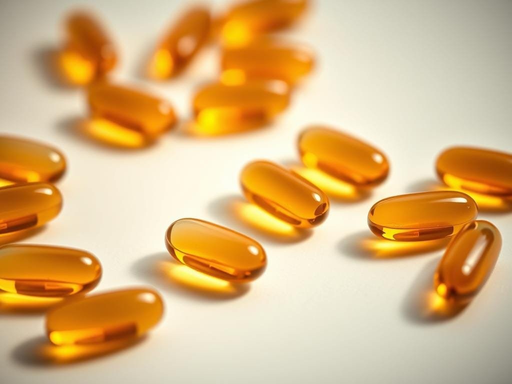 A clean, well-lit close-up shot of omega-3 nutritional supplements, such as fish oil capsules or algae-derived softgels, arranged in a visually appealing manner on a simple, neutral-colored background. The lighting should be soft and diffused, highlighting the translucent, amber-colored capsules and creating a sense of depth and dimension. The focal point should be the capsules, with a slight depth of field to subtly blur the background and draw the viewer's attention to the main subject. The overall composition should convey a sense of balance, clarity, and the importance of the omega-3 dosage for health and wellness.