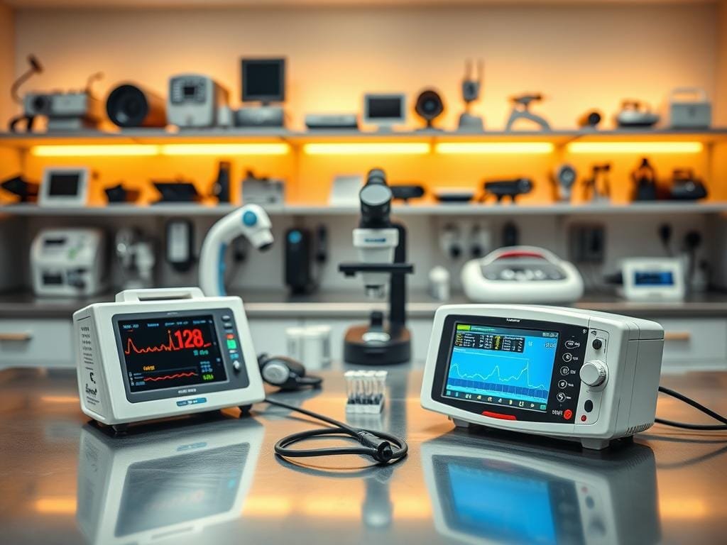A clean, well-lit laboratory setting with a collection of medical diagnostic equipment prominently displayed on a stainless steel table. In the foreground, a sleek and modern-looking device resembling an electrocardiogram or heart monitor, its display showing a live readout of vital signs. In the middle ground, a tabletop microscope and a few neatly arranged vials or test tubes, suggesting the ability to analyze biological samples. In the background, a row of shelves holding various diagnostic tools, from specialized scanners to handheld devices, all bathed in the warm glow of indirect lighting. The overall atmosphere conveys a sense of precision, professionalism, and the cutting edge of at-home health monitoring technology.