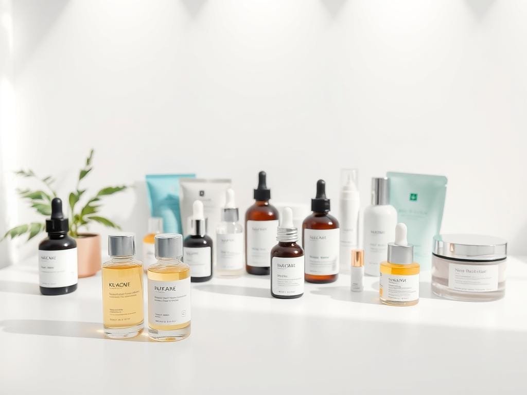 A clean, well-lit studio setting showcasing an assortment of K-beauty skincare products - serums, sheet masks, ampoules, and moisturizers - arranged artfully on a minimalist white table. Soft, diffused lighting from overhead, creating an inviting and relaxing atmosphere. In the foreground, a few key products are highlighted, their packaging and textures prominently displayed. The middle ground features a mix of additional products, while the background incorporates a simple, uncluttered backdrop, allowing the skincare items to take center stage. The overall mood is one of purity, simplicity, and the promise of transformative, overnight skin care results.