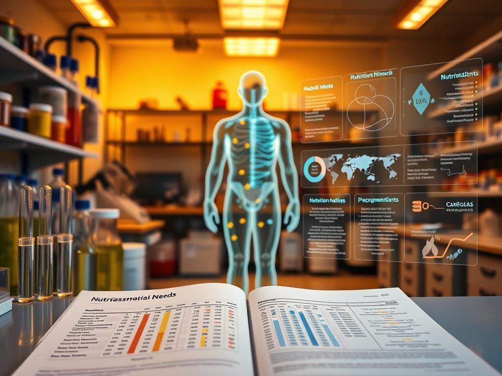 A clinical laboratory filled with scientific equipment and test tubes, illuminated by warm, natural lighting. In the foreground, a nutritional needs assessment report lies open, displaying a detailed breakdown of essential vitamins, minerals, and macronutrients. The middle ground features a human figure, their body outlined in a translucent overlay, highlighting areas of nutritional deficiency or excess. In the background, a series of holographic infographics showcases personalized dietary recommendations tailored to the individual's unique genetic profile and physiological needs. The overall atmosphere conveys a sense of informed, data-driven decision-making in the pursuit of optimal health and wellness.