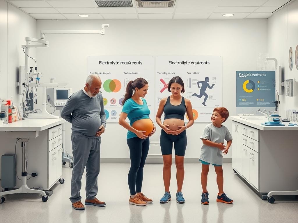 A clinical laboratory setting with medical equipment and supplies. In the foreground, a diverse group of individuals representing different demographics - an elderly person, a pregnant woman, an athlete, and a child. Each figure is highlighted, showcasing their unique electrolyte needs through color-coded icons and visualizations. The middle ground features informational graphics and charts detailing electrolyte requirements for various populations. The background has a clean, sterile aesthetic with muted tones, emphasizing the scientific and educational nature of the scene. The lighting is soft and even, creating a calming, authoritative atmosphere.