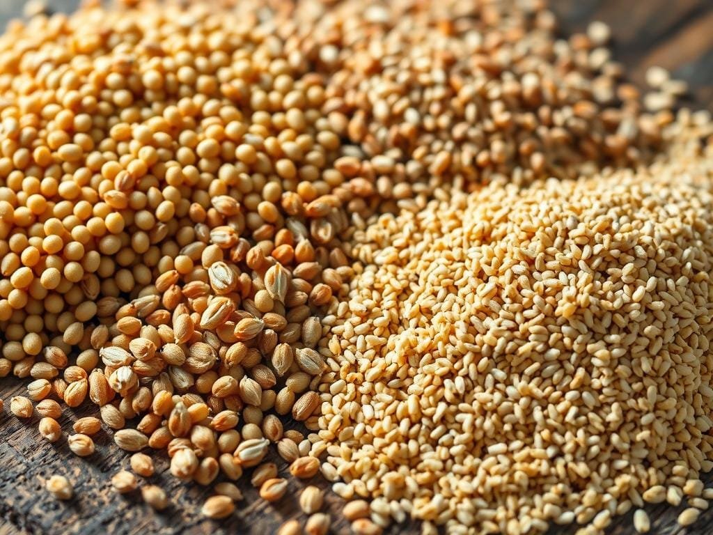 A close-up, detailed shot of an assortment of ancient grain varieties, including millet, quinoa, amaranth, and farro, displayed on a rustic wooden surface. The grains are illuminated by warm, soft lighting, showcasing their rich, earthy tones and unique textures. The image has a natural, earthy atmosphere, evoking a sense of timelessness and the enduring legacy of these nutritious, heritage crops. The composition emphasizes the visual appeal and diversity of these ancient grains, inviting the viewer to explore their culinary and health benefits.