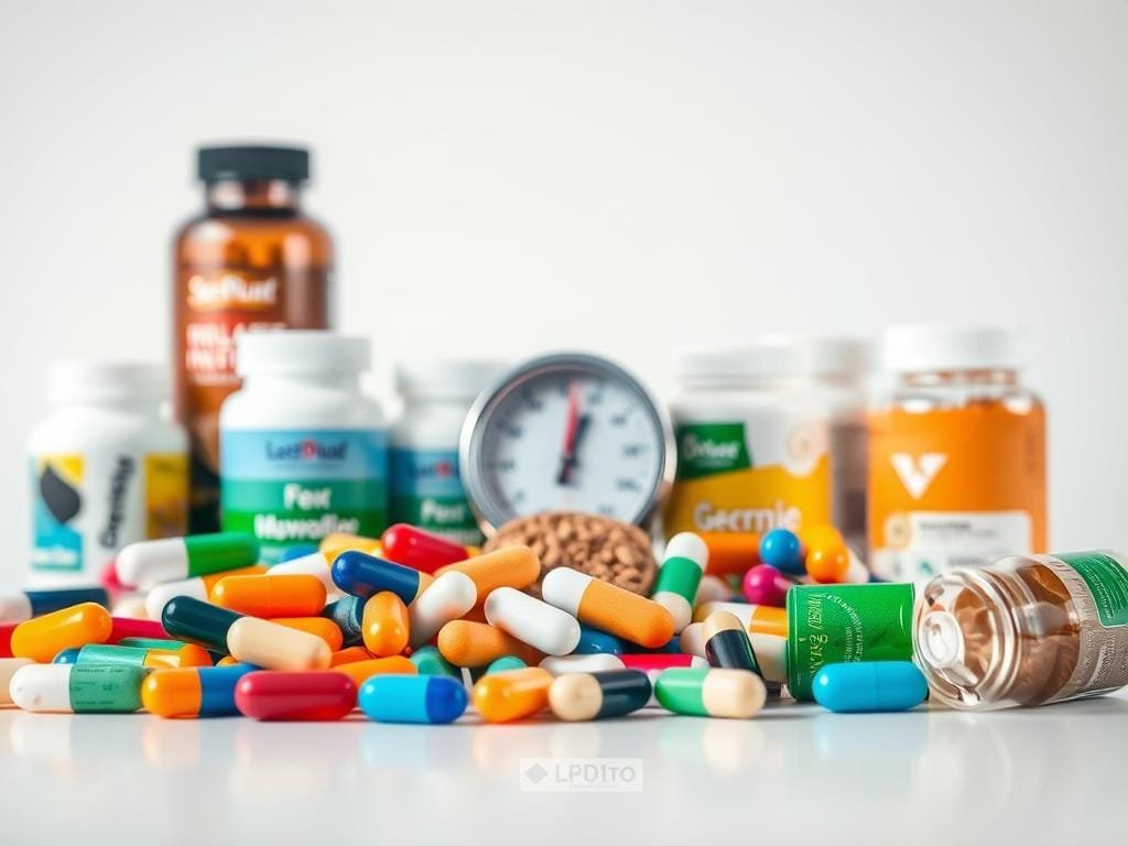 A close-up image of various weight loss supplements arranged on a clean, well-lit surface. The foreground features an assortment of colorful capsules, tablets, and powders in sleek, modern packaging. The middle ground showcases a thermometer and a caliper, symbolizing the impact of thermogenics on the body. The background is a simple, neutral backdrop, allowing the supplements to take center stage. The lighting is soft and diffused, creating a sense of clarity and professionalism. The overall mood is one of scientific rigor and potential efficacy, inviting the viewer to consider the role of thermogenic supplements in a weight loss regimen.