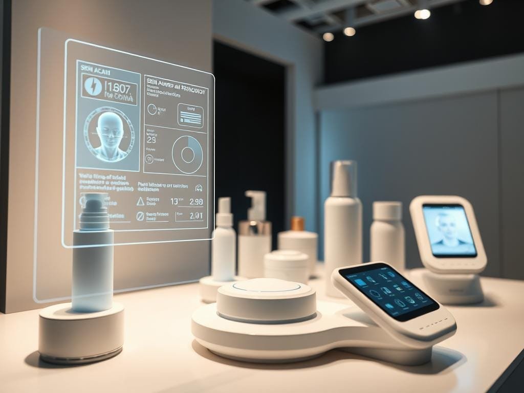 A close-up shot of a futuristic skincare display showcasing various AI-powered technologies. In the foreground, a holographic interface presents skin analysis data and personalized product recommendations. In the middle ground, sleek devices with embedded sensors and touchscreens demonstrate real-time skin monitoring and treatment adjustments. The background features a minimalist, high-tech environment with clean lines and muted tones, conveying a sense of advanced, seamless integration of AI in the skincare experience. Soft, directional lighting emphasizes the sophisticated, streamlined design of the technologies, creating an atmosphere of innovation and efficiency.