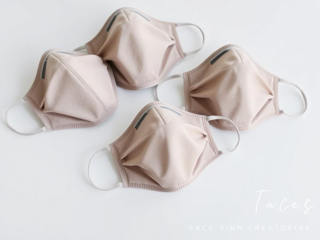 A close-up shot of several high-quality face masks designed for anti-pollution skincare, arranged neatly on a clean, minimalist white background. The masks feature sleek, modern designs with subtle textures and muted, earthy color palettes that complement their purpose. Soft, diffused lighting creates a serene, clinical atmosphere, highlighting the masks' premium materials and advanced filtration technology. The overall composition emphasizes the masks' functionality and ability to protect the skin from urban environmental stressors, aligning with the article's focus on "Incorporating Face Masks for Extra Care".