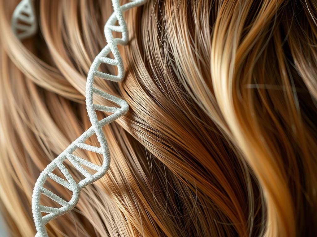 A close-up view of DNA strands intertwined with lush, flowing hair in shades of brown and blond. The intricate genetic code is visible, representing the role of genetics in hair growth and structure. The hair appears healthy, vibrant, and full of volume, illuminated by soft, natural lighting that casts delicate shadows. The background is blurred, keeping the focus on the central subject - the harmonious fusion of genetics and hair. The composition is balanced, with the DNA strands and hair flowing organically, conveying the essence of the "The Role of Genetics in Hair Growth" topic.