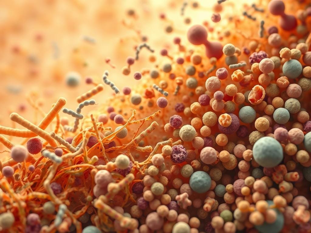 A close-up view of a diverse gut microbiome, with a vibrant array of beneficial bacteria, yeasts, and other microorganisms. The foreground showcases various microbial shapes and sizes, from rod-shaped to spherical, in a harmonious balance. The middle ground reveals a network of interconnected microbial communities, thriving in a warm, nurturing environment. The background features a soft, organic texture, suggesting the lush, fertile terrain of a healthy digestive system. The lighting is soft and diffused, creating a sense of tranquility and well-being. The overall composition conveys the delicate balance and essential role of gut flora in maintaining a robust, resilient digestive system.