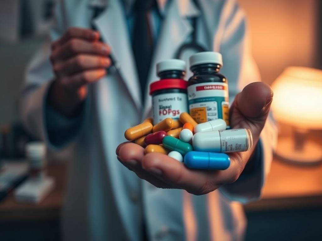 A close-up view of a human hand holding various over-the-counter medication bottles and supplements, with a blurred background of a doctor's desk or medical clinic. The lighting is slightly moody, with soft shadows and a warm tone, conveying a sense of concern and caution. The focus is on the hand, showcasing the different types of pills and capsules, representing the potential side effects and risks associated with taking creatine supplements. The scene evokes a thoughtful, contemplative mood, inviting the viewer to consider the importance of being informed about the potential consequences of using such supplements.
