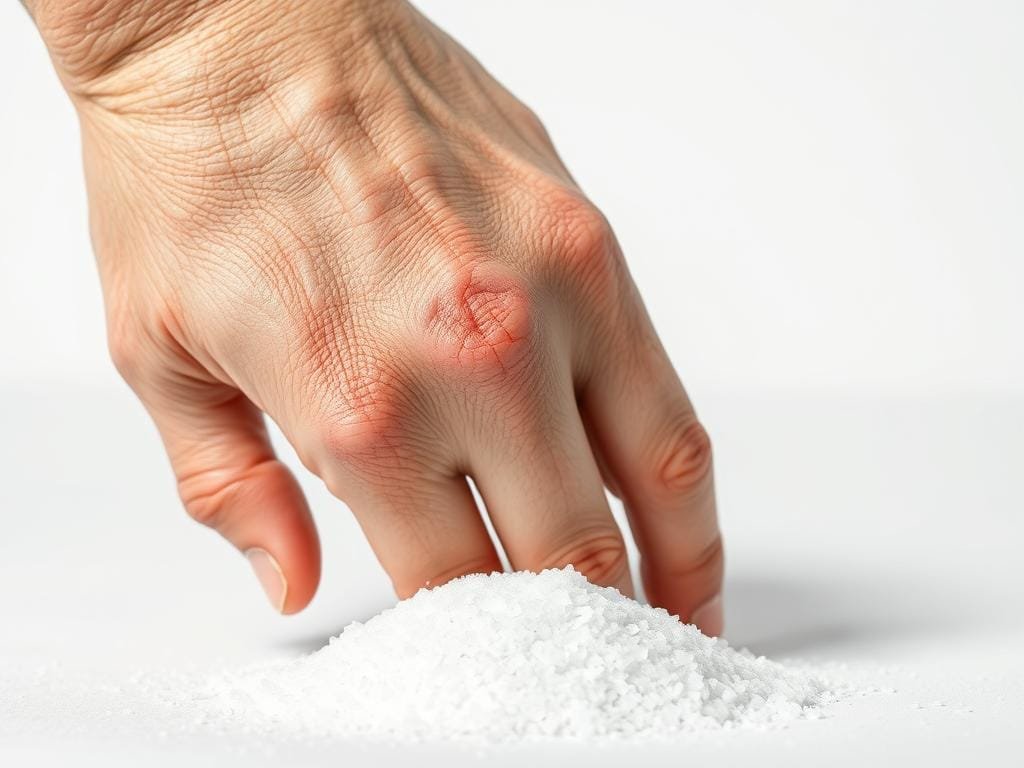 A close-up view of a human hand, with visible skin texture and pores, against a plain white background. The skin appears dull, discolored, and blotchy, with visible signs of irritation and inflammation. In the foreground, a pile of white granulated sugar crystals is spilling out, drawing a direct visual connection between the unhealthy skin and the consumption of sugar. The lighting is soft and diffused, creating a subtle shadow that emphasizes the textural details of the skin. The overall tone is clinical, almost scientific, to convey the serious impact of sugar on skin health.