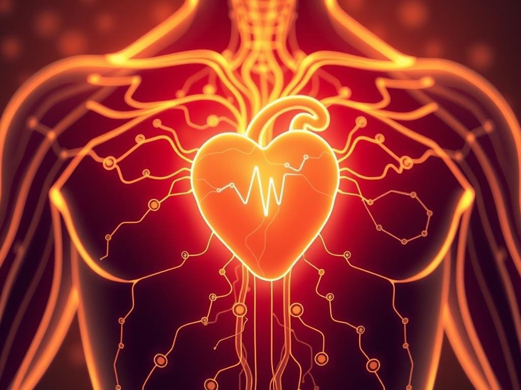 A close-up view of a human metabolic rate diagram, rendered in a stylized, scientific illustration style. The diagram features a central focus on a glowing, pulsing heart shape, representing the core of the body's metabolism. Surrounding the heart are interconnected pathways and networks, visualizing the complex systems that regulate energy production, calorie burning, and nutrient processing. The image is bathed in a warm, slightly muted color palette, with a soft, diffused lighting that enhances the organic, biological feel. The overall composition conveys a sense of dynamism, balance, and the intricate, ever-changing nature of the human metabolism.