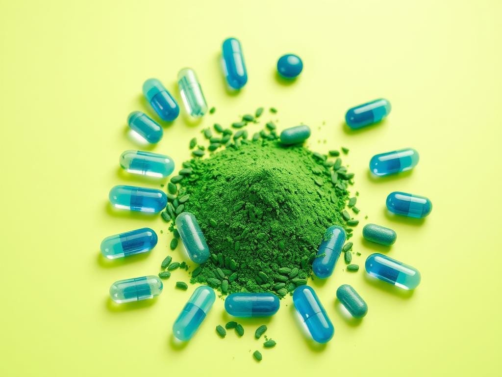 A close-up view of an array of spirulina supplements against a bright green background. The supplements are arranged in a radial pattern, with capsules, powder, and tablet forms visible. The lighting is soft and natural, highlighting the vibrant blue-green hues of the spirulina. In the background, a subtle blurred texture suggests a natural, earthy environment, reinforcing the idea of spirulina as a health-promoting superfood. The overall composition is balanced and visually appealing, drawing the viewer's attention to the diverse forms and benefits of this nutrient-dense algae.