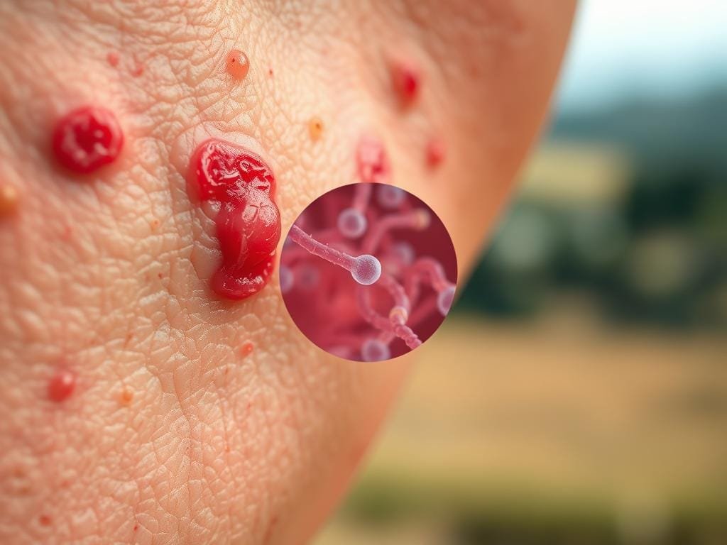 A close-up view of inflamed, irritated skin with visible redness, swelling, and tiny lesions. The skin texture appears rough and uneven, showcasing the effects of inflammation. In the middle ground, a microscopic view of skin cells and capillaries, highlighting the underlying biological processes. The background is a blurred, serene landscape, emphasizing the connection between gut health and the skin's condition. The lighting is soft and diffused, creating a contemplative atmosphere. Captured with a macro lens, the image conveys the delicate, intricate nature of skin health and the impact of inflammation.