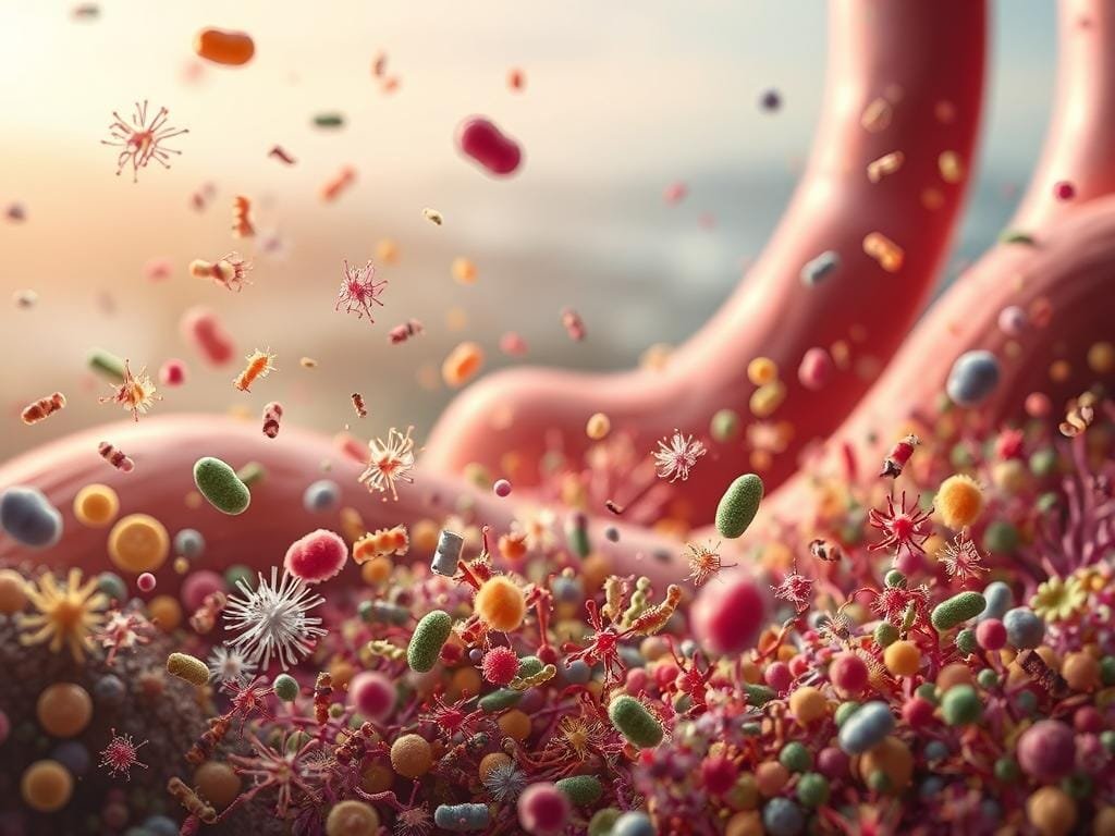 A close-up view of the human gut microbiome, showcasing a diverse array of microorganisms thriving in a serene, calming environment. In the foreground, vibrant, colorful bacteria and microbes float and interact, their delicate structures and intricate patterns illuminated by soft, diffused lighting. In the middle ground, the gut lining is depicted as a smooth, soothing surface, while the background features a hazy, dreamlike landscape, suggesting the connection between gut health and overall well-being. The image conveys a sense of balance, harmony, and the vital role the gut microbiome plays in maintaining a healthy, resilient digestive system, even in the face of stress.