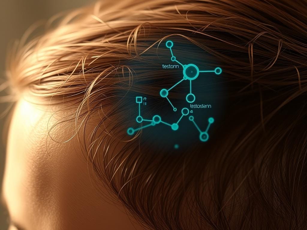 A close-up view of the human scalp, showcasing the intricate relationship between hormones and hair growth. In the foreground, a cross-section of the skin reveals the hair follicles, with delicate capillaries supplying blood and nutrients. Subtle blue and green hues suggest the biological signaling of hormones, while the middle ground features a stylized rendering of testosterone, estrogen, and other key hormones. The background is softly blurred, creating a sense of depth and focus on the central subject. Warm, diffused lighting illuminates the scene, highlighting the fine detail and texture of the scalp and hair follicles. The overall composition conveys the complex, interconnected nature of hormonal influences on hair health and growth.