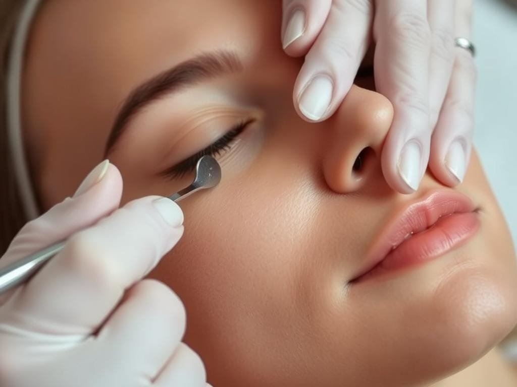 A closeup view of a dermatologist's hands performing a dermaplaning procedure on a patient's face. The patient's skin is illuminated by soft, diffuse lighting, creating a serene and relaxing atmosphere. The dermatologist's skilled fingers gently glide a sterile, sharp scalpel across the patient's forehead, cheeks, and chin, meticulously removing dead skin cells and peach fuzz. The procedure is captured from a slightly elevated angle, emphasizing the careful technique and the patient's calm, receptive expression. The background is blurred, keeping the focus on the delicate, professional treatment.