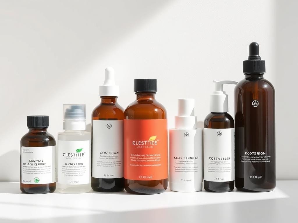 A collection of clean beauty product labels arranged on a minimalist white background, illuminated by soft, diffused natural lighting. The labels feature simple, elegant typography and minimal design elements, showcasing the natural ingredients and eco-friendly credentials of the products. The labels are positioned at various angles, creating a visually appealing and well-balanced composition. The overall mood is one of purity, honesty, and a commitment to sustainable, toxin-free beauty.