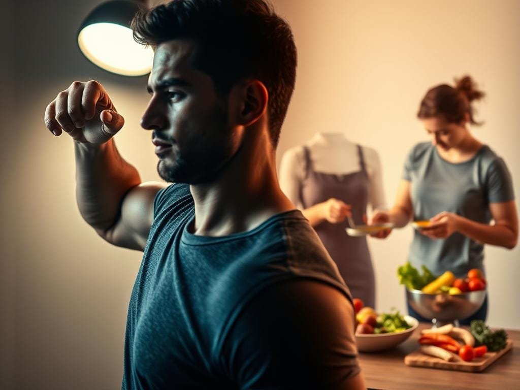 A contrasting scene depicting the dynamics of diet and exercise for fat loss. In the foreground, a person resolutely lifting weights, their muscles rippling with effort, illuminated by a focused spotlight. In the middle ground, another person meticulously measuring portions of healthy, vibrant foods, bathed in warm, natural lighting. The background fades into a neutral, minimalist setting, emphasizing the two distinct approaches. The overall mood is one of determination and balance, showcasing the nuanced interplay between dietary discipline and physical exertion in the pursuit of effective fat loss.