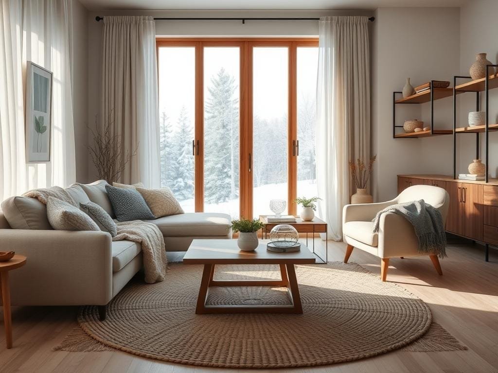A cozy Scandinavian-inspired living room, flooded with soft, diffused natural light filtering through sheer curtains. In the foreground, a plush, inviting sofa adorned with knitted throw blankets and pillows in muted tones of cream, gray, and blue. A low, wooden coffee table is flanked by two comfortable armchairs, creating a intimate seating area. On the walls, minimalist artwork and shelves displaying decorative ceramics and plants. The middle ground features a large, woven area rug in an organic pattern, grounding the space. In the background, tall, wooden-framed windows overlook a snowy winter landscape, emanating a serene, hygge-inspired atmosphere.