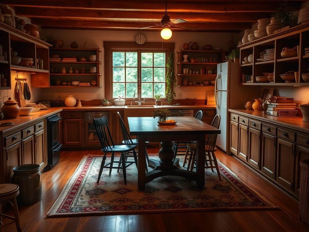 A cozy and inviting kitchen with warm, soft lighting that casts a gentle glow over the space. Wooden cabinets and shelves line the walls, filled with an array of earthenware, cookbooks, and herbs. A large wooden table sits in the center, surrounded by mismatched but charming chairs. A plush, patterned rug covers the hardwood floor, and a window overlooking a lush, green garden allows natural light to filter in. The atmosphere is one of comfort, tranquility, and a sense of wholesome nourishment, both physical and emotional.