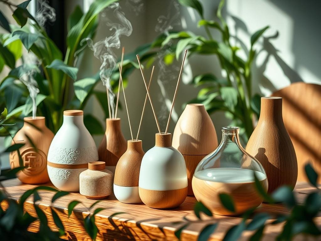 A cozy and inviting scene featuring a variety of elegant aromatherapy diffusers, arranged on a wooden surface with lush greenery and natural lighting. The diffusers are made of high-quality materials such as ceramic, glass, and wood, showcasing their intricate designs and soothing colors. The scene exudes a calming and serene atmosphere, with soft shadows and gentle highlights that accentuate the organic textures and forms of the diffusers. The overall composition is visually balanced, with the diffusers taking center stage while the surrounding elements complement and enhance the overall mood.