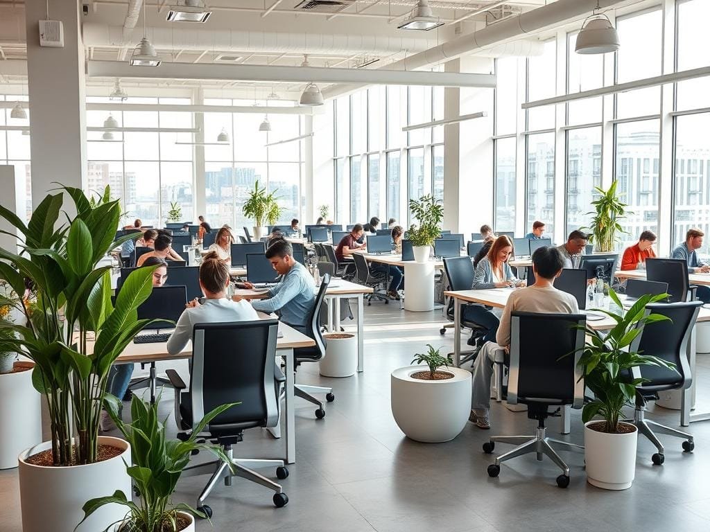 A cozy co-working space with abundant natural light streaming through large windows. Rows of minimalist desks and ergonomic chairs, punctuated by thriving potted plants and sleek, modern decor. In the background, a muted color palette of soft grays and whites creates a calming, focused atmosphere. The space is bustling with a diverse array of digital nomads collaborating, typing furiously, and sipping artisanal coffees. A sense of productivity and community permeates the air, captured through a wide-angle lens that showcases the open, airy layout of this vibrant, adaptable workspace.