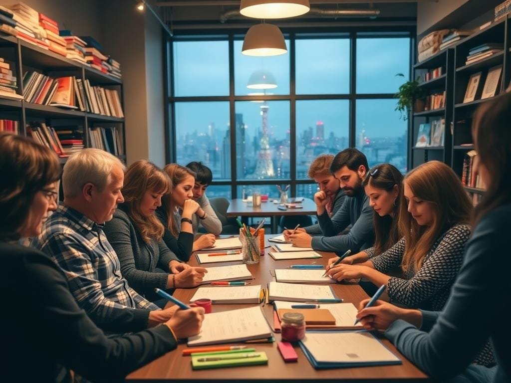 A cozy community gathering for bullet journaling enthusiasts. In the foreground, a group of people sit around a table, hands busy with their journals, pens, and colorful stationery. Warm lighting illuminates their focused expressions and the pages they're meticulously decorating. In the middle ground, shelves line the walls, filled with journals, planners, and stationery supplies. The background features large windows overlooking a vibrant city skyline, hinting at the global nature of the bullet journaling movement. The overall scene conveys a sense of camaraderie, creativity, and a shared passion for organizing and expressing one's life through this unique analog practice.