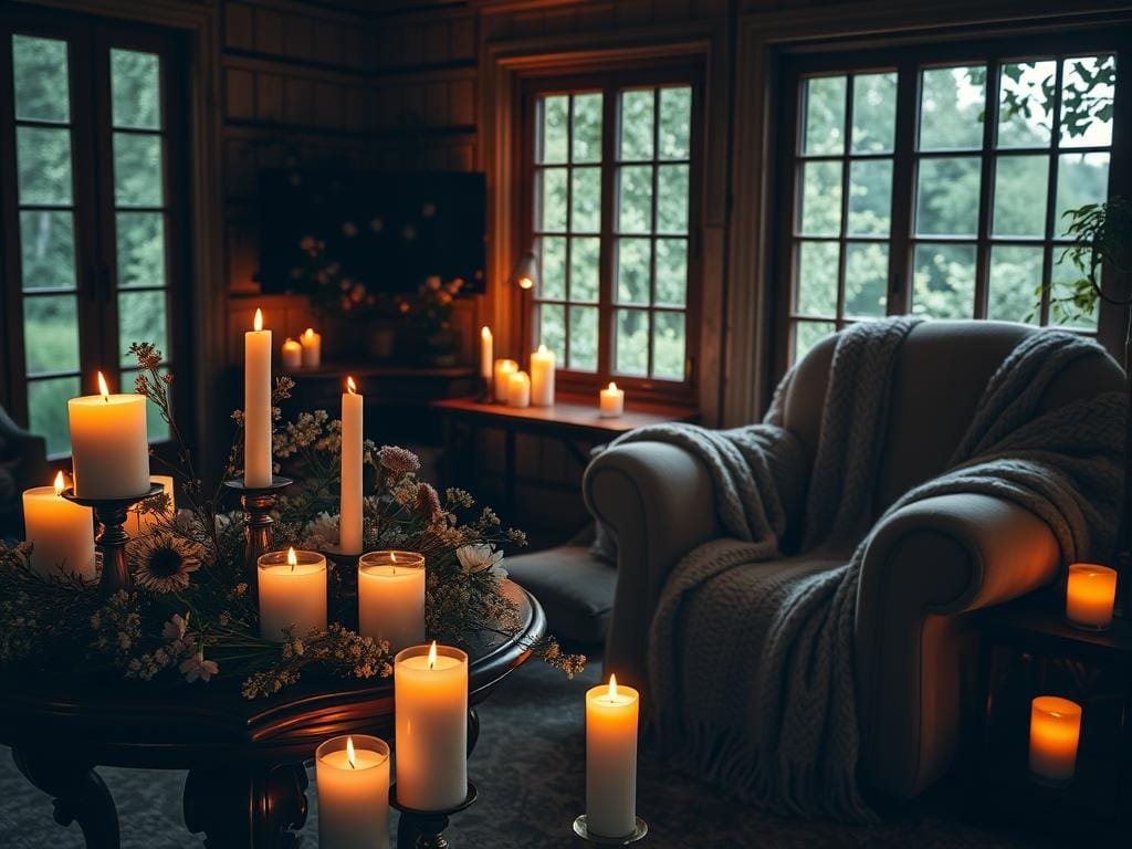A cozy, dimly lit sanctuary filled with the warm glow of flickering candles. The foreground features an ornate, antique wooden table adorned with an assortment of scented pillar candles and clusters of delicate wildflowers in pastel hues. The middle ground showcases a plush, oversized armchair draped with a cozy knitted throw, inviting one to sink in and savor the tranquil ambiance. In the background, a large window floods the space with soft, natural light, offering a view of a lush, verdant garden beyond. The overall atmosphere evokes a sense of serenity, comfort, and an embrace of the hygge lifestyle.