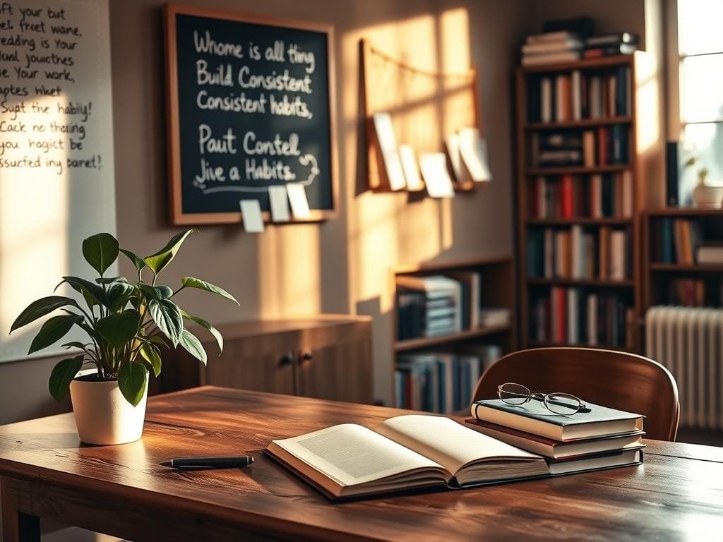 A cozy home office with a wooden desk and a potted plant, bathed in warm natural light from a large window. On the desk, a journal, a pen, and a stack of books, symbolizing the tools for building consistent habits. The walls are adorned with inspirational quotes and a corkboard displaying notes and reminders, creating a focused and purposeful atmosphere. In the background, a bookshelf filled with volumes on personal development and self-improvement, hinting at the broader context of habit-building. The scene conveys a sense of intention, productivity, and a welcoming environment for cultivating new habits.