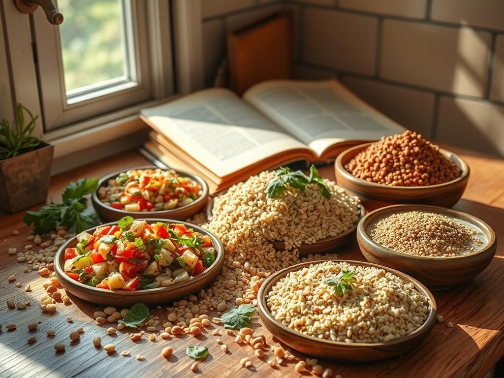 A cozy kitchen counter laden with ancient grain dishes - a vibrant tabbouleh salad, fluffy quinoa pilaf, and hearty buckwheat porridge. Sunlight streams through the window, casting a warm glow over the scene. Whole grains, legumes, and fresh herbs spill across the wooden surface, inviting the viewer to explore their textures and flavors. In the background, a vintage cookbook lies open, its pages filled with rustic recipes passed down through generations. The composition evokes a sense of timeless tradition and nourishing, wholesome cuisine. A 50mm lens captures the scene, highlighting the natural beauty of these ancient superfoods.