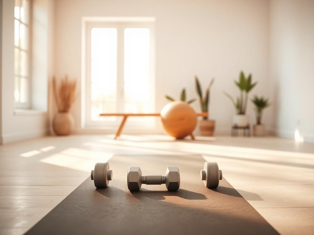 A cozy, minimalist workout space with a clean, modern aesthetic. A well-lit room with large windows letting in natural light, casting a warm, soft glow. In the foreground, a simple yoga mat and a set of lightweight dumbbells neatly arranged. In the middle ground, a sleek, wooden bench or exercise ball, providing additional workout options. The background features plain, white walls, complemented by a few potted plants or a minimalist piece of art, creating a calming, uncluttered atmosphere. The overall mood is serene, focused, and conducive to an efficient, high-intensity workout.