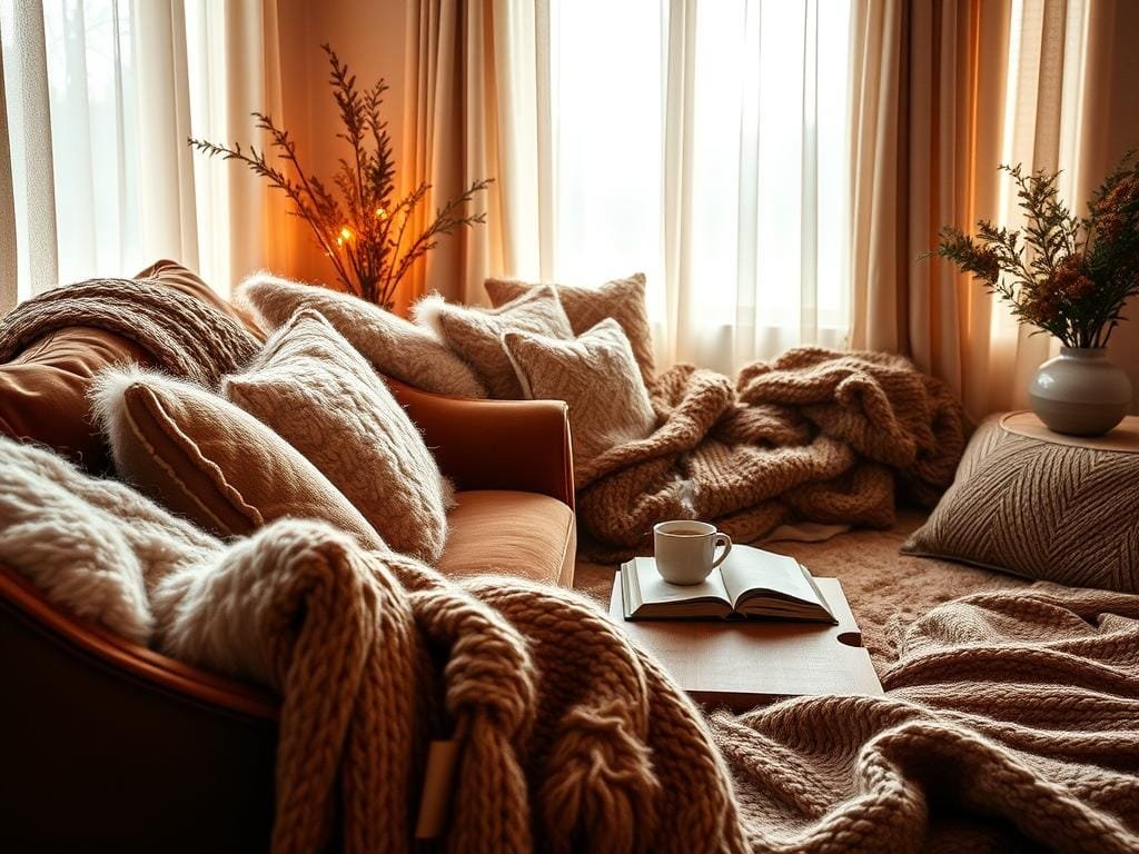 A cozy sanctuary with soft, plush textiles enveloping a serene, intimate space. Warm, diffused lighting casts a gentle glow, creating a sense of tranquility. In the foreground, a deep, overstuffed armchair upholstered in a sumptuous velvet, inviting you to sink in and relax. Surrounding it, an array of fluffy throw pillows and a hand-knitted blanket in earthy tones, exuding a feeling of comfort and contentment. In the middle ground, a low, wooden coffee table holds a steaming mug of tea, accompanied by a well-worn book. In the background, a large, window floods the room with natural light, framed by sheer, flowing curtains that gently sway. This cozy sanctuary evokes a sense of hygge, a Danish concept of embracing coziness and well-being.