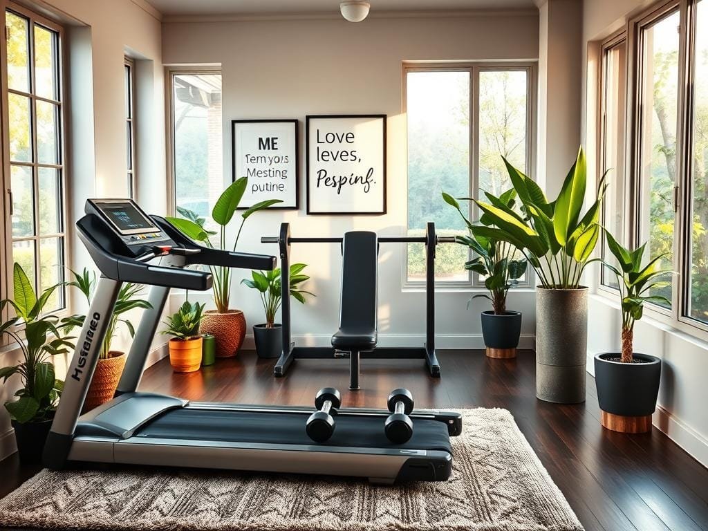 A cozy, well-equipped home gym with natural lighting streaming through large windows. The foreground features a sleek, modern treadmill and a set of free weights on a plush, textured rug. In the middle ground, a sturdy weight bench stands against a feature wall adorned with motivational artwork and inspirational quotes. The background showcases lush, verdant plants and a calming view of a serene outdoor scene, creating a harmonious, rejuvenating atmosphere that encourages focused, energetic workouts.