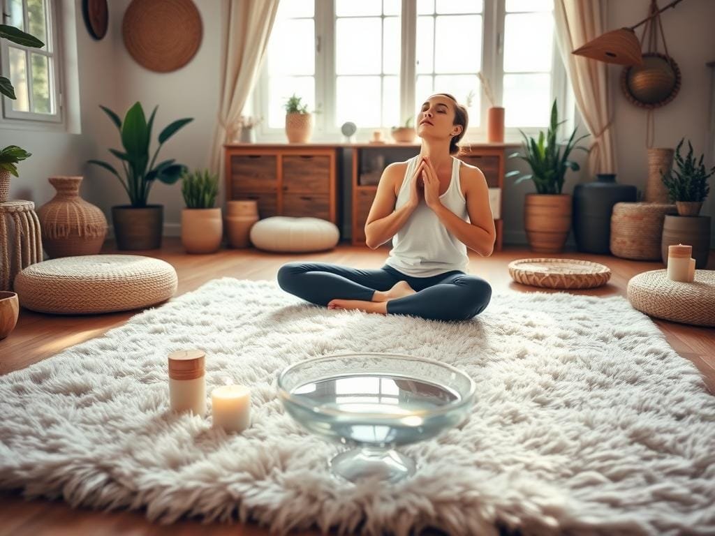 A cozy, well-lit home studio setting. In the foreground, a person sitting cross-legged on a soft, plush rug, their eyes closed in deep concentration as they practice various breathwork exercises. Their posture is relaxed yet focused, their breathing slow and steady. In the middle ground, a few simple props like a meditation cushion, scented candles, and a crystal bowl filled with water are arranged in a harmonious layout. The background features a warm, earthy color palette with natural textures like woven baskets, potted plants, and a large window letting in soft, diffused lighting. An atmosphere of tranquility and inner calm pervades the scene.