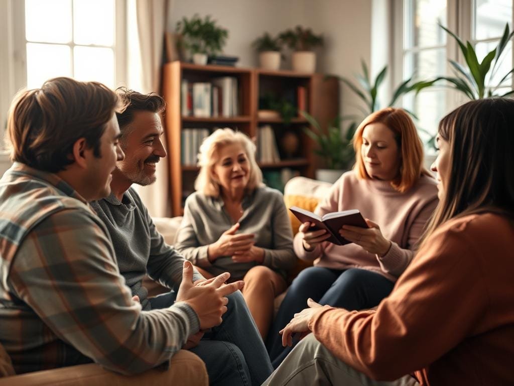 A cozy, well-lit living room where a group of people sits together, engaged in lively conversation. Warm, soft lighting filters through large windows, casting a gentle glow on their faces. In the foreground, a couple leans in, gesturing animatedly, their expressions filled with understanding and support. In the middle ground, another pair listens intently, nodding and sharing stories. In the background, a bookshelf and potted plants add a sense of comfort and familiarity. The overall mood is one of connection, empathy, and the building of strong, resilient relationships.