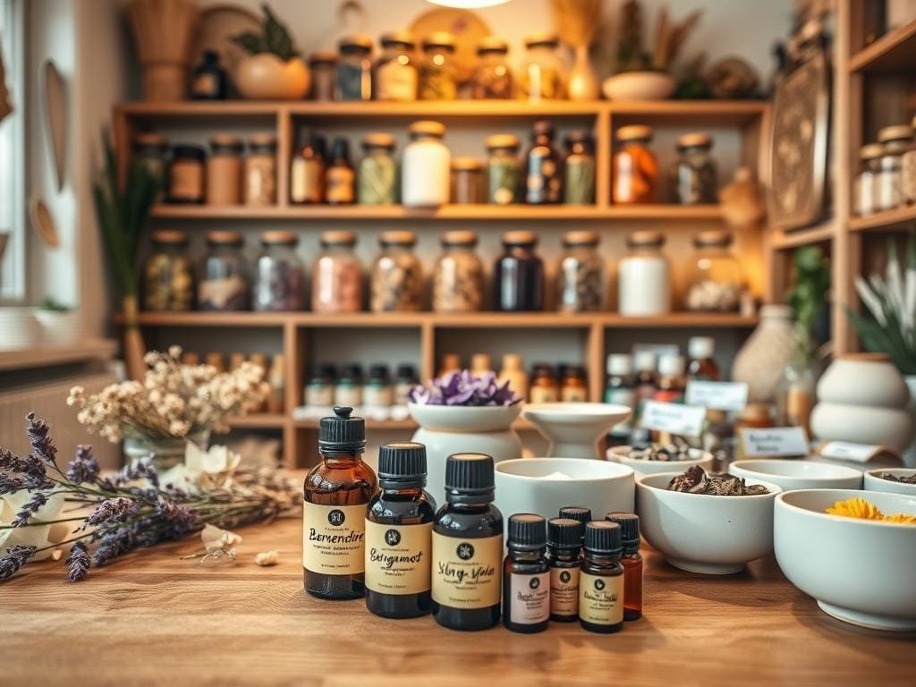A cozy, well-lit studio space showcases an array of essential oil bottles, dried botanicals, and ceramic bowls filled with various aromatic blends. The foreground features a selection of essential oils - lavender, bergamot, ylang-ylang - arranged artfully on a wooden table. In the middle ground, handwritten labels and small vials suggest personalized aromatherapy recipes. The background depicts shelves lined with jars of dried herbs, flowers, and other natural ingredients, casting a warm, inviting glow. The overall atmosphere evokes a sense of tranquility, creativity, and the therapeutic power of scent.