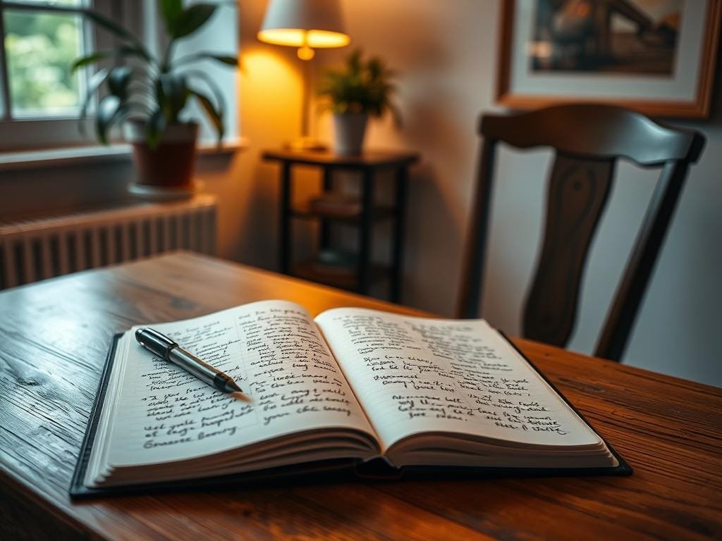 A cozy, well-lit study with a wooden table and chair. On the table, an open journal with a pen resting next to it. The journal pages are filled with handwritten notes and doodles, conveying a sense of personal reflection and gratitude. Soft, warm lighting illuminates the scene, creating a peaceful, contemplative atmosphere. A potted plant and a framed artwork on the wall add a touch of nature and artistic flair. The overall composition suggests a serene and mindful practice of daily gratitude journaling.