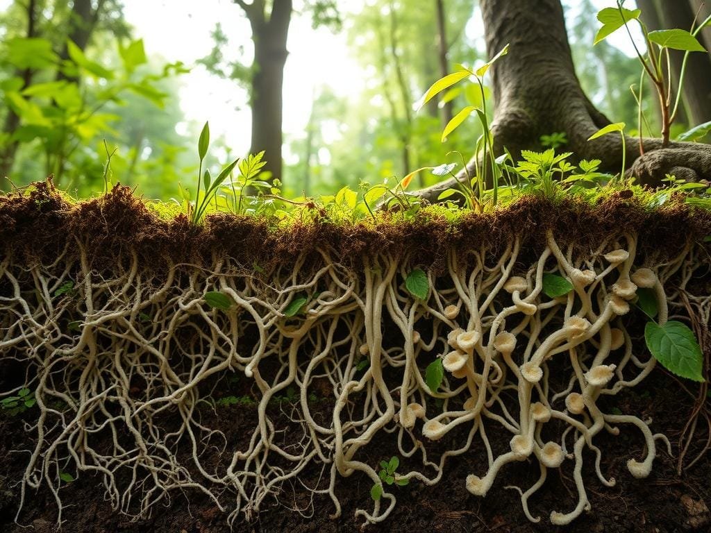 A cross-section of a lush, verdant forest floor, showcasing the intricate network of mycorrhizal fungi intertwining with the delicate roots of various plant life. In the foreground, a mosaic of fine, white fungal filaments, known as hyphae, weave through the soil, creating a dense, interconnected web. The middle ground reveals the roots of diverse flora, from towering trees to vibrant undergrowth, seamlessly integrating with the fungal network. Soft, diffused lighting filters through the canopy above, casting a warm, earthy glow and accentuating the organic textures. The overall scene conveys a sense of harmony and balance, illustrating the symbiotic relationship between mycorrhizal fungi and the thriving plant community they support.