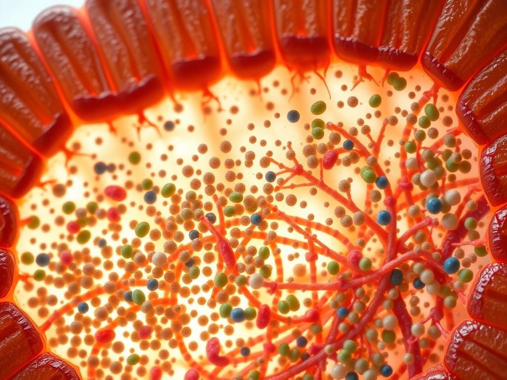 A cross-sectional view of the human gut microbiome, captured with a macro lens under soft, diffused lighting. Countless microbial colonies thrive in a vibrant, multi-colored landscape, intertwined with the delicate architecture of the intestinal walls. The scene conveys a sense of balance and harmony, underscoring the crucial role a healthy gut plays in optimal human nutrition and overall wellbeing. The image should evoke a feeling of wonder and appreciation for the invisible, yet vital, world within us.
