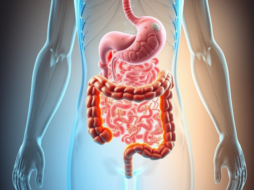 A detailed anatomical illustration of the human digestive system, showcasing the key components of a healthy gut microbiome. The foreground features a vibrant cross-section of the small and large intestines, displaying the intricate network of gut flora and their symbiotic relationship with the intestinal lining. The middle ground depicts the stomach and esophagus, with subtle visual cues indicating signs of digestive distress, such as inflammation or imbalance. The background setting is a minimalist, scientific environment, with soft, indirect lighting highlighting the organic textures and natural hues of the gastrointestinal tract. The overall composition conveys a sense of balance, function, and the importance of maintaining a thriving gut ecosystem for optimal health and wellness.