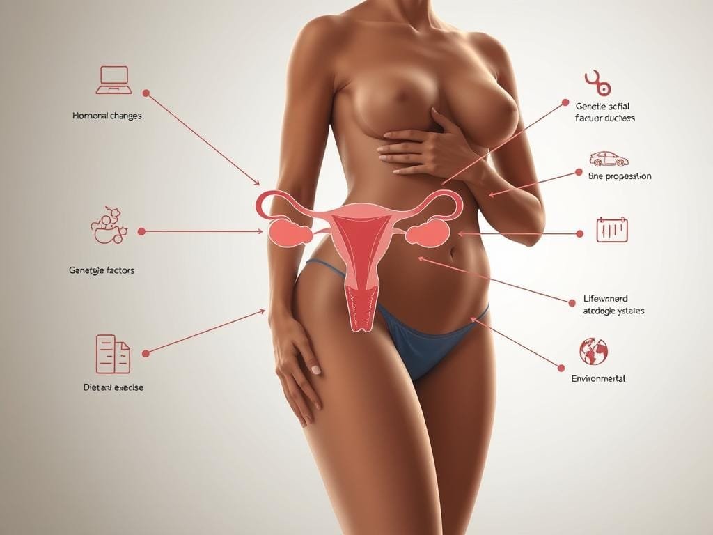 A detailed cross-section illustration depicting the key factors influencing the onset of menopause. In the foreground, a female figure in a neutral pose, with a focus on the abdominal region and reproductive organs. Surrounding her, a series of interconnected icons and visuals representing hormonal changes, genetic predisposition, lifestyle factors such as diet and exercise, and environmental influences. The middle ground features a minimalist anatomical diagram highlighting the ovaries, uterus, and associated systems. In the background, a subtle gradient or pattern evokes a sense of scientific inquiry and the complexities of the menopausal transition. Rendered in a muted, clinical color palette with crisp lines and subtle textures to convey an informative, educational tone.