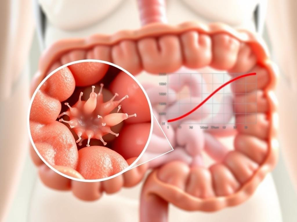 A detailed cross-section illustration of the human digestive system, highlighting the age-related changes in vitamin B absorption. The foreground depicts the small intestine, with a focus on the absorptive villi and microvilli. In the middle ground, a magnified view showcases the diminishing density and functionality of the absorptive structures over time. The background features a graph or chart illustrating the decline in vitamin B absorption efficiency with advancing age. The lighting is soft and natural, capturing the delicate nature of the digestive system. The overall mood is informative and educational, conveying the scientific importance of understanding these physiological changes.