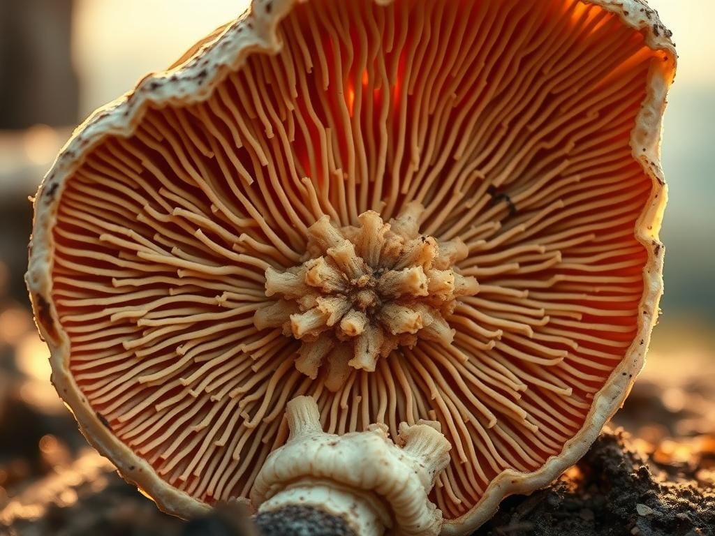 A detailed cross-section of a nutrient-rich mushroom, showcasing its intricate internal structure. The foreground highlights the complex network of mycelium and spore-producing gills, bathed in a warm, golden light that emphasizes their organic textures. The middle ground reveals the dense, fibrous core, rich in vitamins, minerals, and bioactive compounds. The background features a blurred, ethereal landscape, hinting at the mushroom's connection to the natural world. Captured with a macro lens, the image conveys the medicinal power and immune-boosting potential of this remarkable fungal organism.