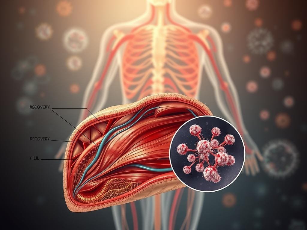 A detailed, cross-sectional illustration of the physiological processes involved in recovery, with a focus on muscle repair, nutrient replenishment, and cellular restoration. In the foreground, a cutaway view showcases the intricate network of blood vessels, nerves, and muscle fibers, highlighting the dynamic interplay of factors like growth factors, anti-inflammatory agents, and waste removal. The middle ground features a microscopic view of regenerating muscle cells, undergoing a cascade of signaling events and structural reorganization. In the background, a sophisticated rendering of the body's regulatory systems, including the endocrine and immune responses, creating an atmosphere of biological harmony and renewal. Soft, warm lighting accentuates the delicate, almost ethereal nature of these restorative mechanisms, conveying a sense of the body's remarkable ability to heal and adapt.